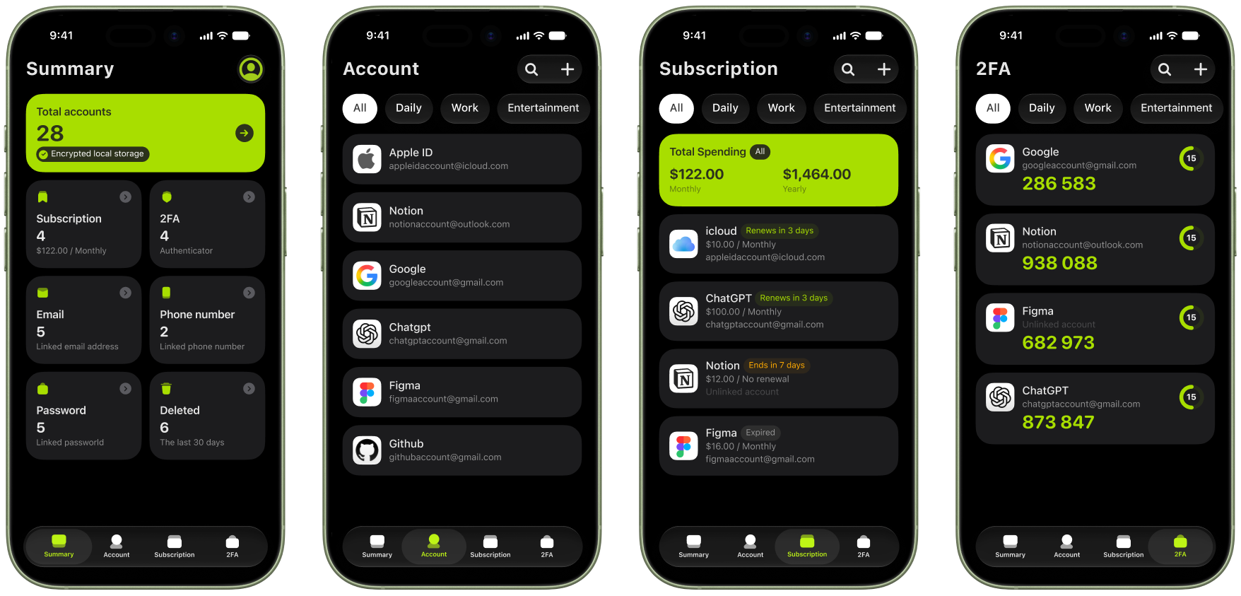 Otterkey Summary, Account, Subscription, and 2FA screens